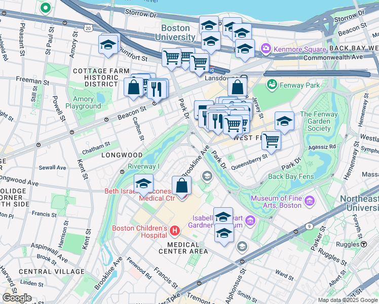 map of restaurants, bars, coffee shops, grocery stores, and more near 120 Riverway in Boston