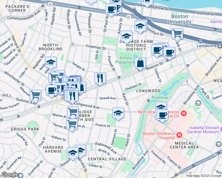 map of restaurants, bars, coffee shops, grocery stores, and more near 1187 Beacon Street in Brookline