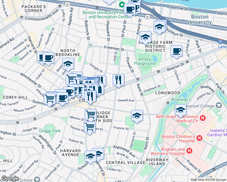 map of restaurants, bars, coffee shops, grocery stores, and more near 3 James Street in Brookline