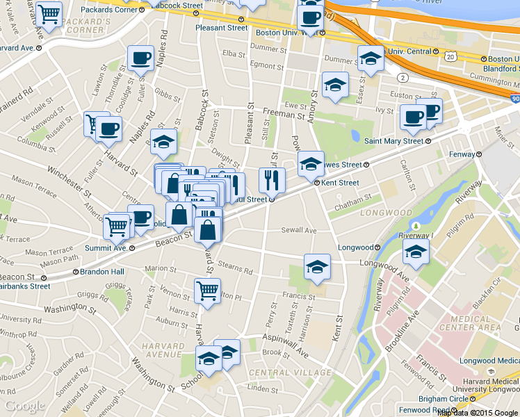 map of restaurants, bars, coffee shops, grocery stores, and more near 3 James Street in Brookline