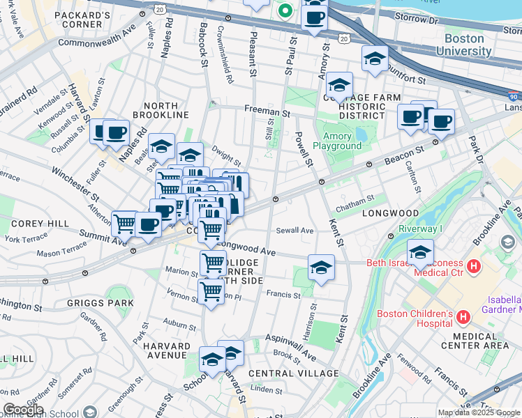 map of restaurants, bars, coffee shops, grocery stores, and more near 3 James Street in Brookline