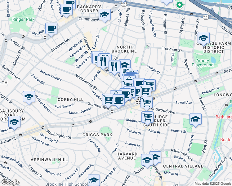 map of restaurants, bars, coffee shops, grocery stores, and more near 75 Centre Street in Brookline