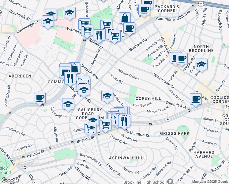 map of restaurants, bars, coffee shops, grocery stores, and more near 227 Summit Avenue in Brookline