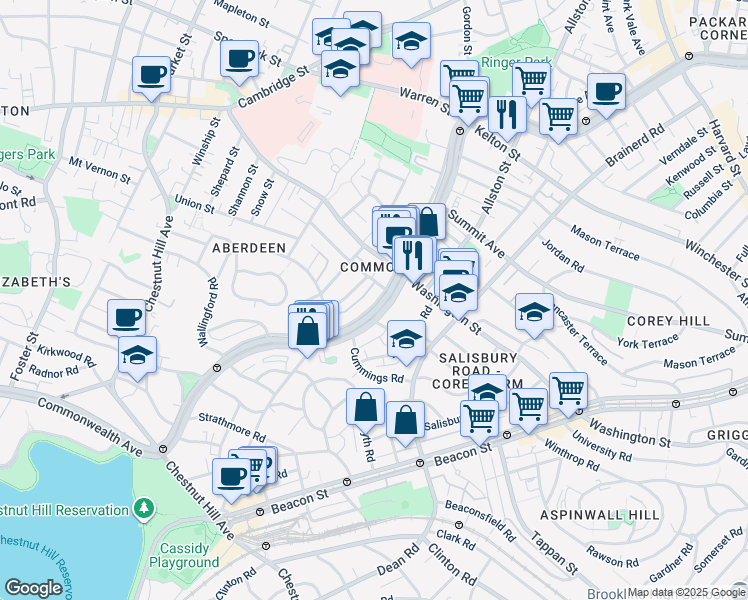 map of restaurants, bars, coffee shops, grocery stores, and more near 1619 Commonwealth Avenue in Boston