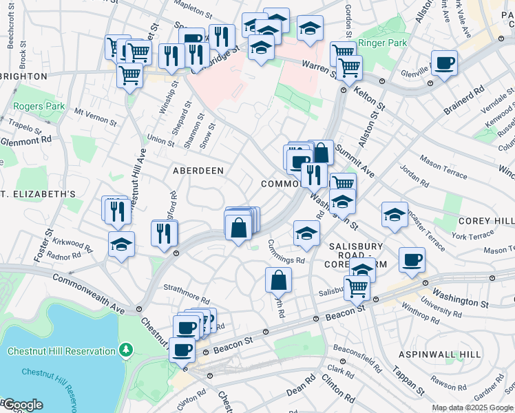 map of restaurants, bars, coffee shops, grocery stores, and more near 104 Euston Road in Boston