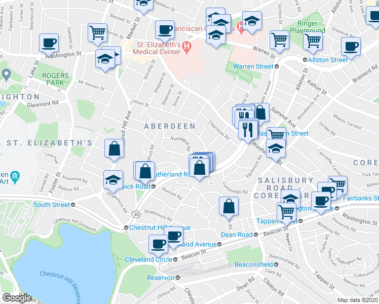 map of restaurants, bars, coffee shops, grocery stores, and more near 107 Nottinghill Road in Boston