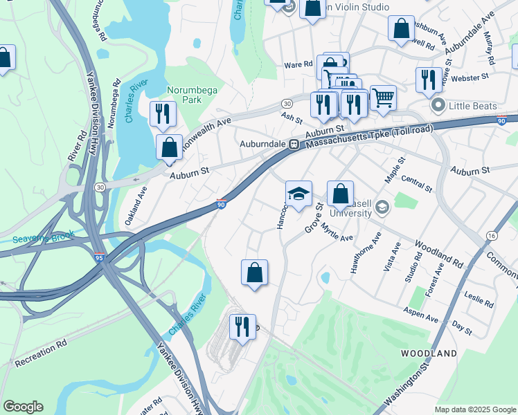 map of restaurants, bars, coffee shops, grocery stores, and more near 305 Central Street in Newton