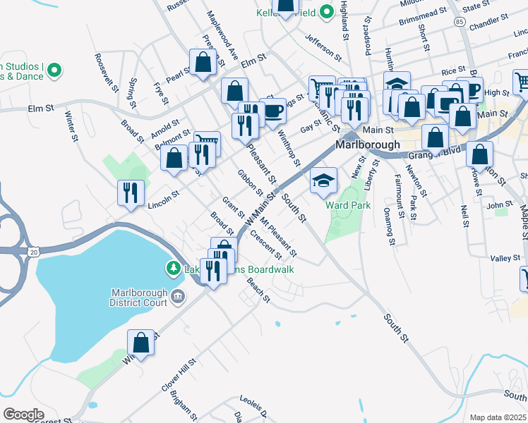 map of restaurants, bars, coffee shops, grocery stores, and more near 10 Gibbon Street in Marlborough