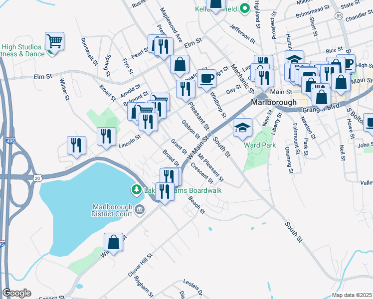 map of restaurants, bars, coffee shops, grocery stores, and more near 33 Grant Street in Marlborough