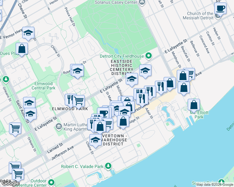 map of restaurants, bars, coffee shops, grocery stores, and more near 3146 East Lafayette Street in Detroit