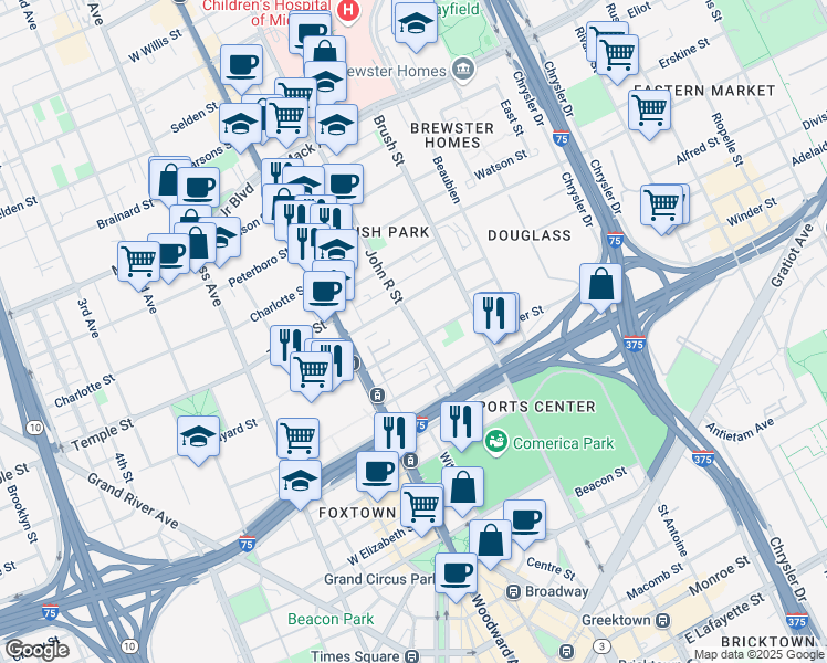 map of restaurants, bars, coffee shops, grocery stores, and more near 2750 John R Street in Detroit