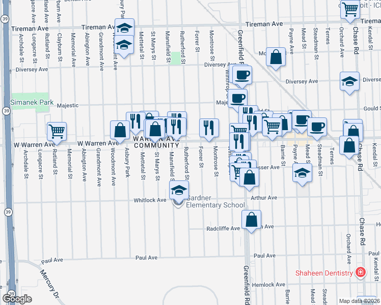map of restaurants, bars, coffee shops, grocery stores, and more near 15831 West Warren Avenue in Detroit