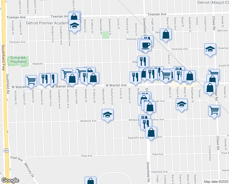 map of restaurants, bars, coffee shops, grocery stores, and more near 15831 West Warren Avenue in Detroit