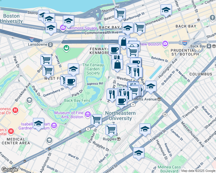 map of restaurants, bars, coffee shops, grocery stores, and more near 60 Fenway in Boston