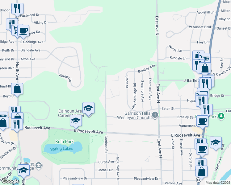 map of restaurants, bars, coffee shops, grocery stores, and more near 572 Limewood Drive in Battle Creek
