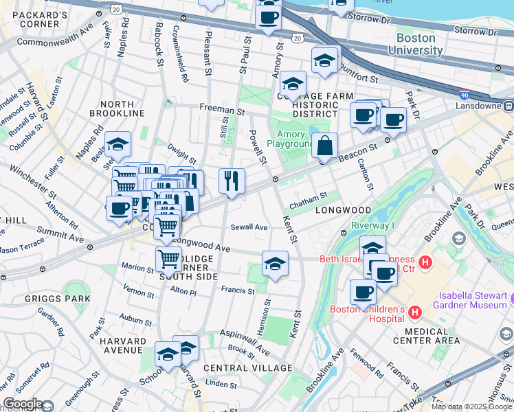 map of restaurants, bars, coffee shops, grocery stores, and more near 1187 Beacon Street in Brookline