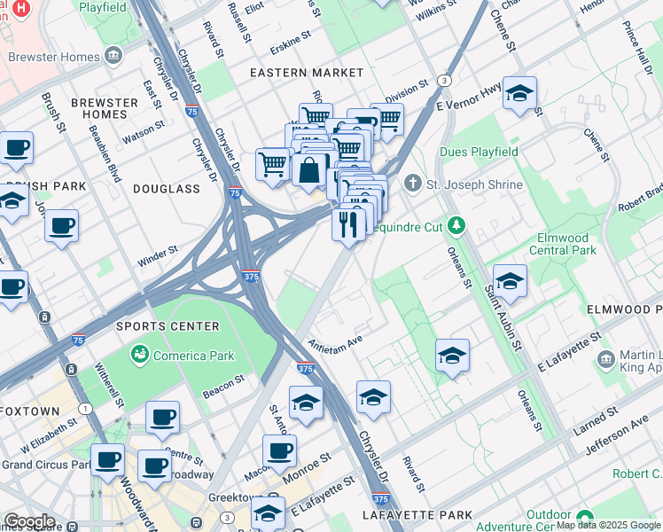map of restaurants, bars, coffee shops, grocery stores, and more near 1345 Gratiot Avenue in Detroit