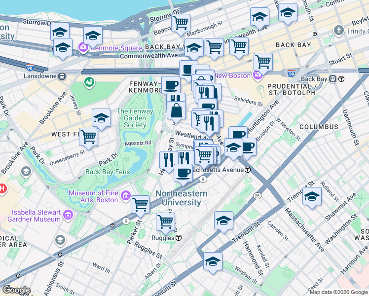 map of restaurants, bars, coffee shops, grocery stores, and more near in Boston