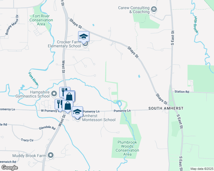 map of restaurants, bars, coffee shops, grocery stores, and more near 40 Pomeroy Court in Amherst