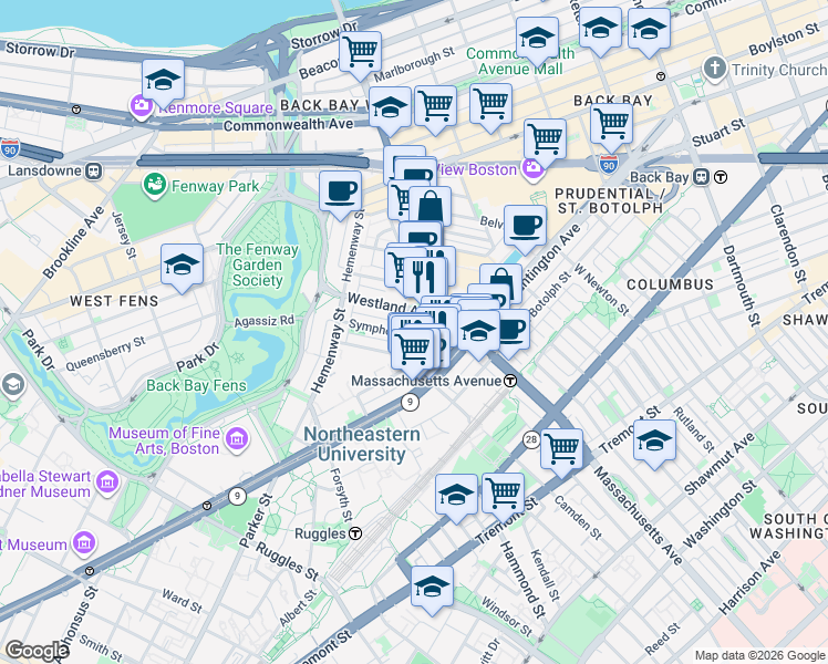 map of restaurants, bars, coffee shops, grocery stores, and more near in Boston
