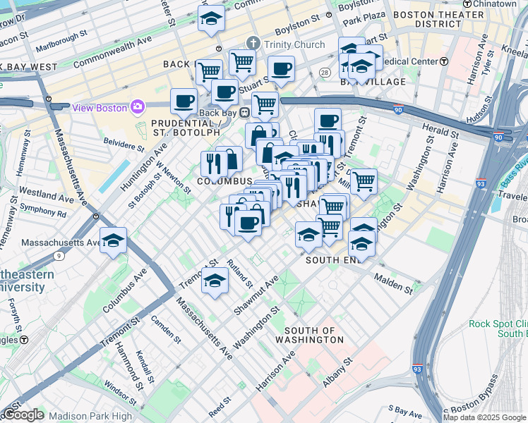 map of restaurants, bars, coffee shops, grocery stores, and more near 143 West Canton Street in Boston