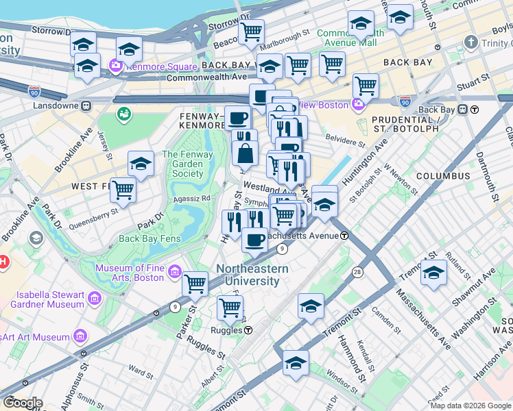 map of restaurants, bars, coffee shops, grocery stores, and more near in Boston