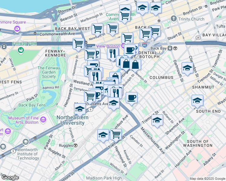 map of restaurants, bars, coffee shops, grocery stores, and more near 200-220 Huntington Avenue in Boston