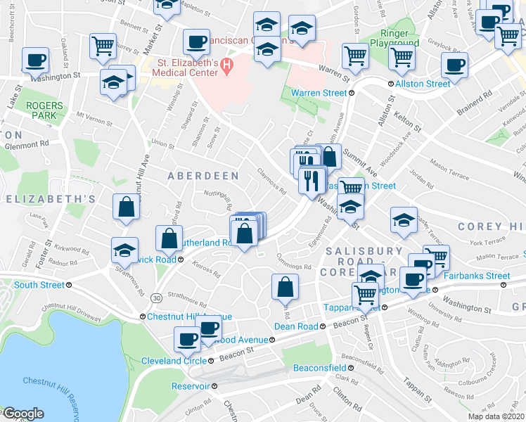 map of restaurants, bars, coffee shops, grocery stores, and more near 33 Ransom Road in Boston
