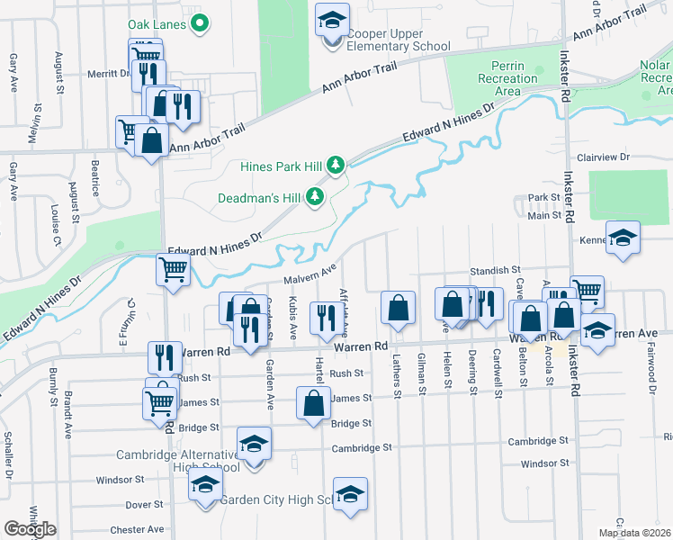 map of restaurants, bars, coffee shops, grocery stores, and more near 7538 Affeldt Street in Westland