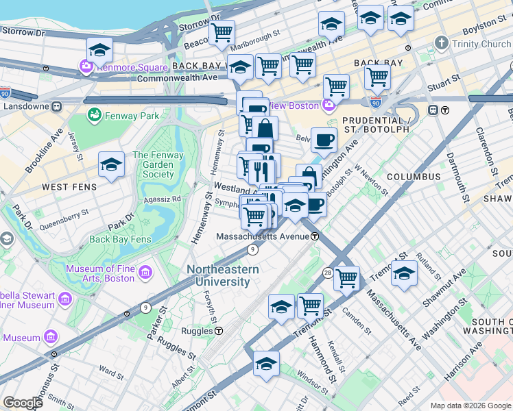 map of restaurants, bars, coffee shops, grocery stores, and more near 279 Massachusetts Avenue in Boston
