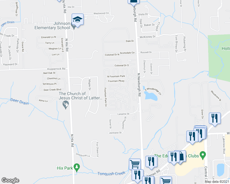 map of restaurants, bars, coffee shops, grocery stores, and more near Fountain Park Circle in Westland