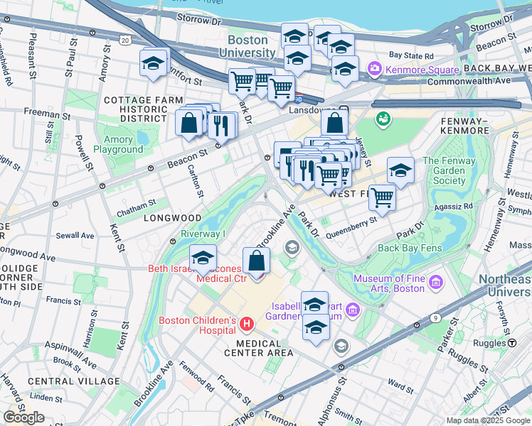 map of restaurants, bars, coffee shops, grocery stores, and more near 120 Riverway in Boston