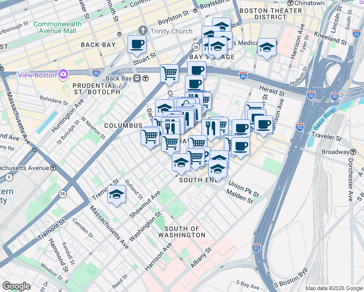 map of restaurants, bars, coffee shops, grocery stores, and more near 100 Waltham Street in Boston