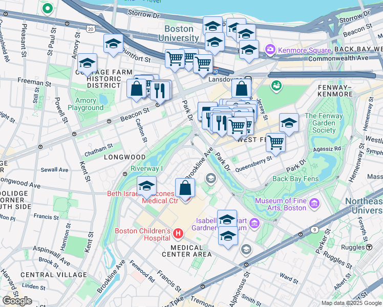map of restaurants, bars, coffee shops, grocery stores, and more near 120 Riverway in Boston