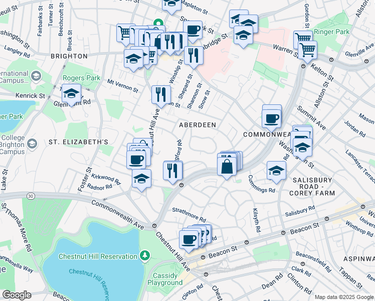 map of restaurants, bars, coffee shops, grocery stores, and more near 57 Wallingford Road in Boston