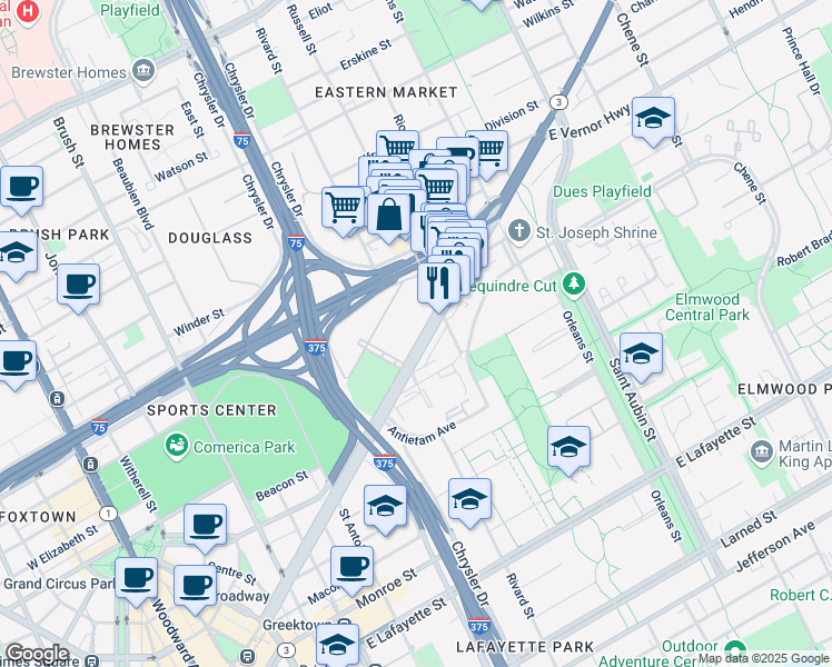 map of restaurants, bars, coffee shops, grocery stores, and more near 1345 Gratiot Avenue in Detroit