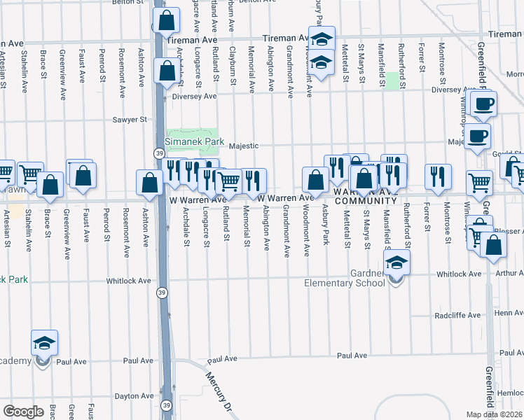 map of restaurants, bars, coffee shops, grocery stores, and more near 16800 West Warren Avenue in Detroit