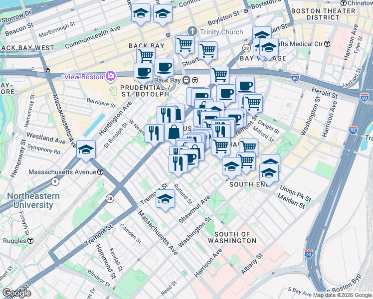 map of restaurants, bars, coffee shops, grocery stores, and more near 174 West Canton Street in Boston