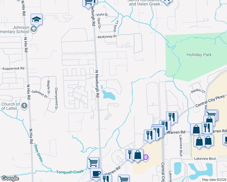 map of restaurants, bars, coffee shops, grocery stores, and more near 37255 South Woodbridge Circle in Westland