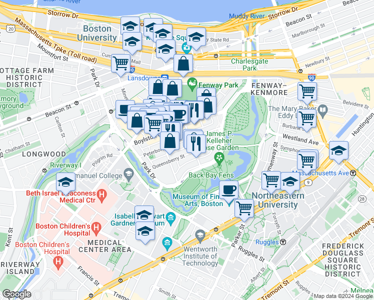 map of restaurants, bars, coffee shops, grocery stores, and more near 55 Queensberry Street in Boston