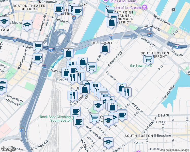 map of restaurants, bars, coffee shops, grocery stores, and more near 135 A Street in Boston
