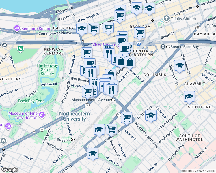 map of restaurants, bars, coffee shops, grocery stores, and more near 200-220 Huntington Avenue in Boston