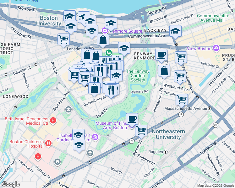 map of restaurants, bars, coffee shops, grocery stores, and more near 11 Queensberry Street in Boston