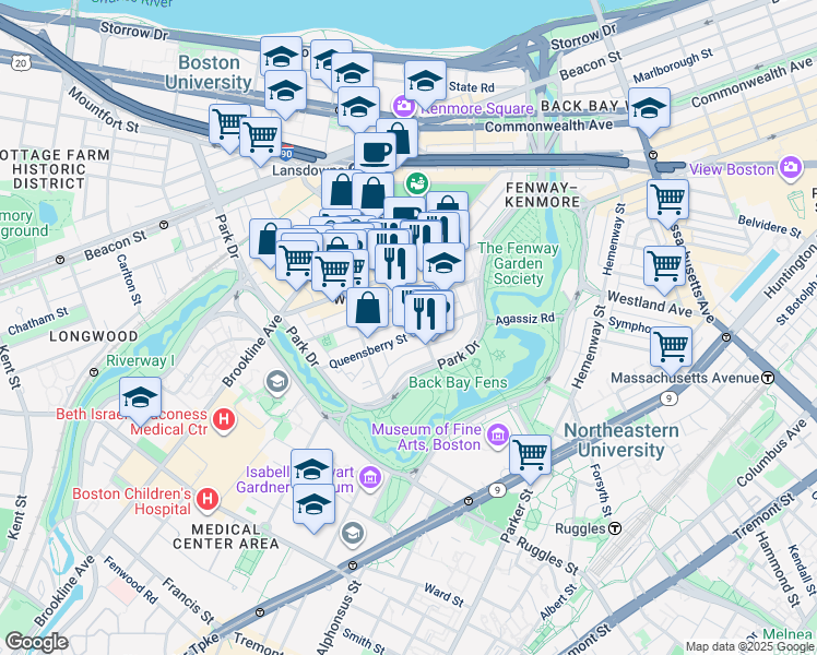 map of restaurants, bars, coffee shops, grocery stores, and more near 119 Jersey Street in Boston