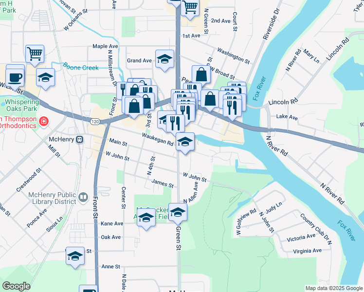 map of restaurants, bars, coffee shops, grocery stores, and more near 3534 Waukegan Road in McHenry