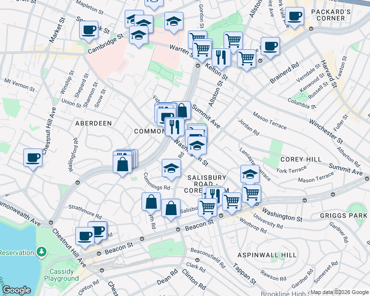 map of restaurants, bars, coffee shops, grocery stores, and more near Washington Street & Egremont Road in Boston