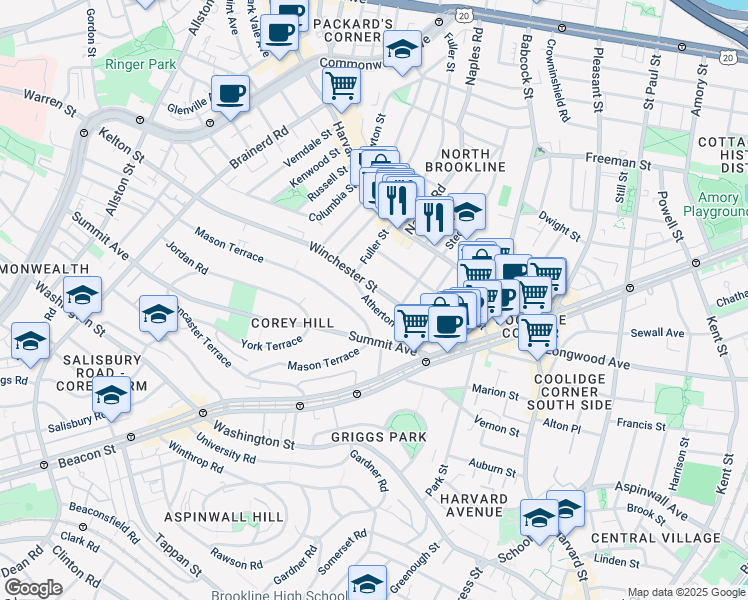 map of restaurants, bars, coffee shops, grocery stores, and more near 104 Winchester Street in Brookline
