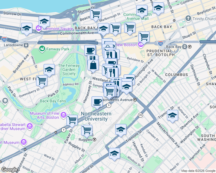 map of restaurants, bars, coffee shops, grocery stores, and more near 29 Symphony Road in Boston