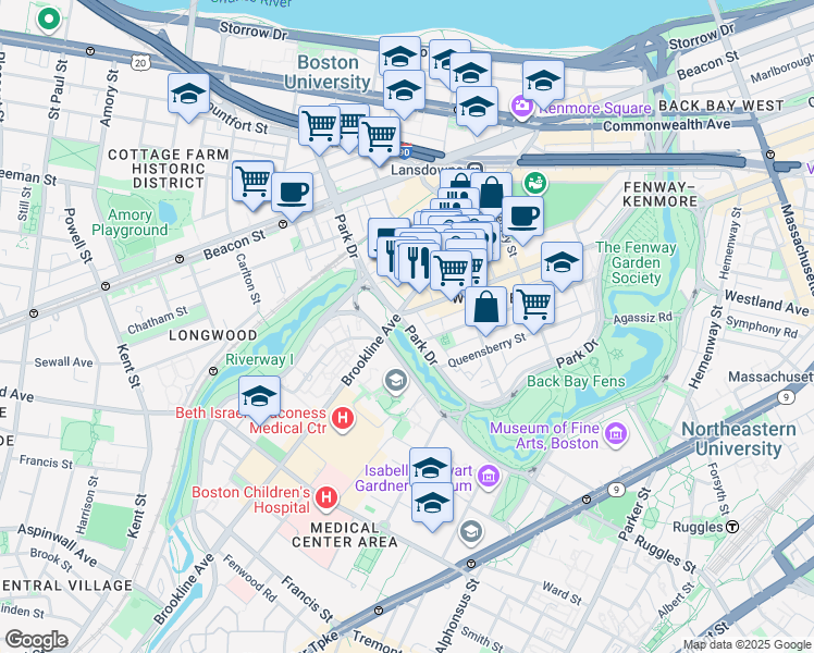 map of restaurants, bars, coffee shops, grocery stores, and more near Park Drive in Boston
