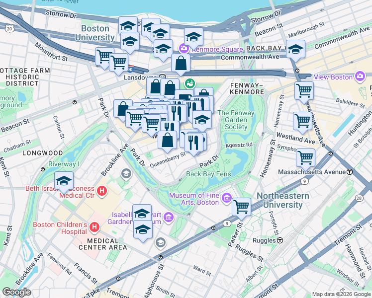 map of restaurants, bars, coffee shops, grocery stores, and more near 119 Jersey Street in Boston